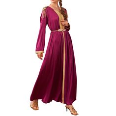 Inspired by the fashions of the Middle East, our Elegant Satin Kaftan Dress is a dreamy piece perfect for formal occasions. Made with a luxurious silky satin fabric, this dress features tasseled shoulder embellishments, a beautifully gathered full-length skirt, and a dainty waist tie. Wear with gold heels and matching jewelry for a fabulous look. Long Sleeve Satin Dress For Eid, Eid Long Sleeve Satin Dress, Festive Long Sleeve Dress With Tassels, Elegant Long Dress With Tassels, Party Dress With Tassels For Eid, Party Dresses With Tassels For Eid, Tassel Dress For Eid Party, Elegant Long Sleeve Maxi Dress With Tassels, Long Festive Dress With Tassels