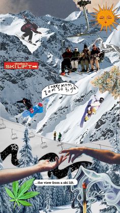 a collage of skiers and snowboarders in the mountains