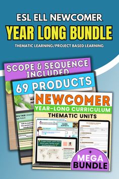 ESL/ELL Newcomer Year-Long Bundle with 69 products, thematic units, and a scope and sequence. Ell Newcomers, Scope And Sequence, Language Centers, Learning Projects, Thematic Units, Cause And Effect, Project Based Learning, Classroom Activities