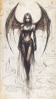 a drawing of a woman with wings on her head and body, standing in front of a