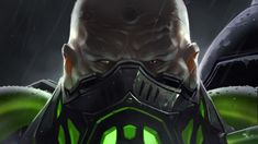 a man in a futuristic suit with green eyes and an alien head on his face