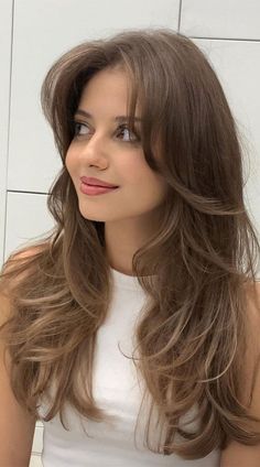 #promhairstyle Layered Haircut With Face Framing Bangs, Cute Curtain Bangs With Layers, Face Framing Curtain Bangs Brunette, Cute Haircuts Curtain Bangs, Butterfly Haircut Long Layers, Butterfly Cut Curtain Bangs, Curtain Bangs With Butterfly Cut, 90s Layers With Curtain Bangs, Layer Bangs Haircut