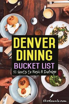 the cover of denver dining bucket list with people eating and drinking at a wooden table