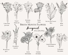 the different types of flowers are shown in black and white, with text below them