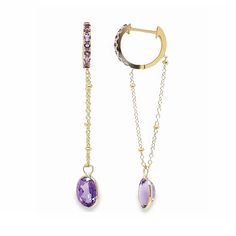 Available in 14K Yellow Gold Sold as Single or Pair Stones: Amethyst Earring Size: 4.5 cm Please allow 2-4 weeks for shipping, as these are made-to-order items For any personal request or rush options please Contact us ALL PERSONALIZED PIECES ARE NON-RETURNABLE, NO REFUNDS OR EXCHANGES Elegant Gold Amethyst Hoop Earrings, Yellow Gold Gemstone Dangle Huggie Earrings, Yellow Gold Dangle Huggie Earrings With Gemstones, Elegant Amethyst Dangle Hoop Earrings, Elegant Purple Gemstone Hoop Earrings, Amethyst Earring, Sell Gold, Delicate Chain, Amethyst Earrings