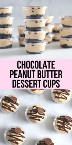 chocolate peanut butter dessert cups are stacked on top of each other and ready to be eaten