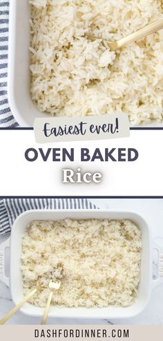 rice in a white dish with wooden spoons and text overlay that says easy even oven baked rice