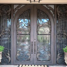 wrought iron double door with round top and scrollwork Double Entry Door, Aluminum Doors, Double Doors Exterior, Iron Entry Doors, Door Sweep, Double Entry, Double Entry Doors, Wrought Iron Doors, Metal Screen