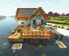 a floating house with lots of furniture and plants on the roof is surrounded by water