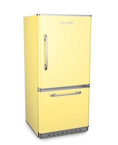 a yellow refrigerator freezer sitting on top of a white floor