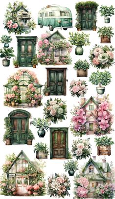 a bunch of flowers that are on the side of a white wall with green doors and windows