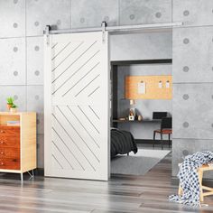 an open sliding door in a room with wooden furniture and polka dots on the walls