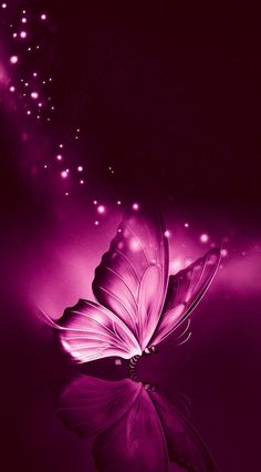 a purple butterfly flying in the air with its wings spread out and lights shining on it