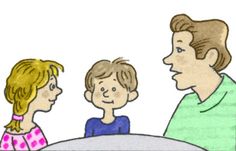 an adult and two children sitting at a table talking to each other, with the child's mother looking on