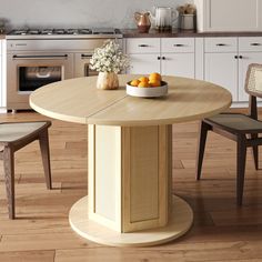 a kitchen table with chairs around it in front of an oven and counter top area