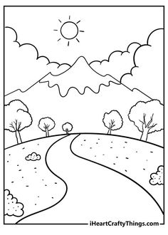 a coloring page with the sun and mountains in the background, as well as trees