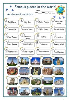 famous places in the world worksheet with pictures and words for kids to learn