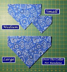 two pieces of blue fabric with white designs on them and the words small, medium, over - the - collar pet bandana