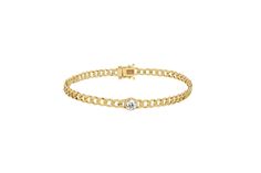 Our Diamond Sari Bracelet has class and sophistication built-in. With delicate curb chain links and a box clasp closure, one singular bezel set diamond sits perfectly in the middle. Available in your choice of 14k yellow or rose gold. Bracelet Length: 6.5 inches Box Clasp Closure Diamond Diameter: 3.8 mm Links: 3.5 mm Elegant 14k Gold Diamond Bracelet With Curb Chain, Classic 14k Gold Diamond Bracelet With Chain, Elegant Curb Chain Bracelet With Cubic Zirconia, Classic Tennis Bracelet With Chain, Classic Diamond Bracelet With Chain, Elegant Curb Chain Bracelets For Anniversary, Elegant Curb Chain Bracelet For Anniversary, Luxury Gold Chain Bracelet With Single Diamond, Classic Diamond Chain Bracelet With Solid Link