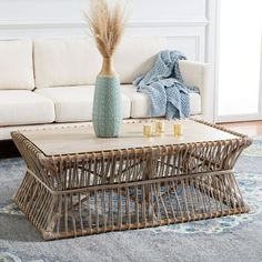 a living room with a couch, coffee table and vase on the rug in front of it