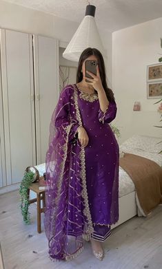 Purple Dress Design, Purple Colour Combination, Purple Velvet Dress, Haldi Outfits, Fancy Gowns, Dresses Purple, Frock For Women, Long Kurti Designs, Dress Suits For Men