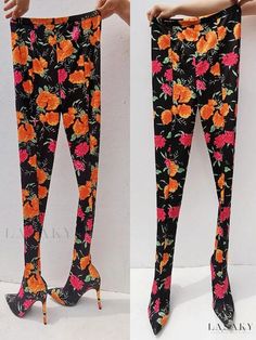 Lasaky - Stylish Womens Floral Printed Stiletto Heel Thigh-High Boots with Pointed Toe and Elastic Pant Shoes Pant Shoes, Floral High Heels, Womens Thigh High Boots, Black Thigh High Boots, Black Thigh High, Knit Shirt Dress, Bodysuit Blouse, Womens Blazers, Pants Design