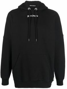 Black/white cotton logo-print hoodie from PALM ANGELS featuring logo print to the rear, logo print at the chest, drawstring hood, long sleeves, ribbed cuffs and front pouch pocket. Palm Angels Hoodie, Ralph Lauren Logo, Easy Trendy Outfits, Organic Materials, Classic Logo, Cotton Logo, Palm Angels, Printed Sleeves, Cotton Hoodie