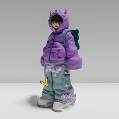 a small figurine is wearing a purple jacket and grey pants with a backpack on it