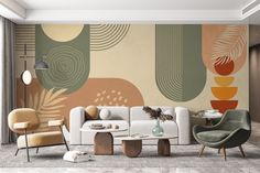 a living room filled with furniture next to a wall covered in colorful art deco murals