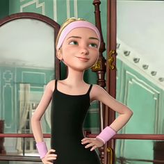 a cartoon girl in a black dress standing next to a mirror with her hands on her hips