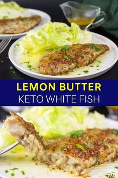 lemon butter keto white fish on a plate with lettuce