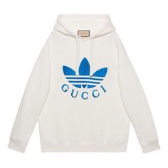 Gucci x adidas Hoodie 'White Blue' 702607-XJEDA-9088 Gucci Cotton Hoodie Sweatshirt, Gucci Cotton Sweatshirt With Drawstring Hood, Gucci Cotton Hoodie With Drawstring Hood, Gucci Sweatshirt With Drawstring Hood For Fall, Gucci Hooded Sweatshirt With Ribbed Cuffs, Gucci Cotton Hoodie, Gucci Cotton Hooded Hoodie, Gucci Cotton Hoodie With Ribbed Cuffs, Casual Gucci Outerwear With Drawstring Hood