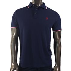 Ralph Lauren Navy Blue Polo With Red Pony And White & Blue Trim 100% Cotton Custom Slim Fit Fitted Navy Casual Polo Shirt, Navy Fitted Polo Collar Top, Ralph Lauren Fitted Blue Polo Shirt, Navy Blue Polo Shirt, Ralph Lauren Blue Polo Shirt, Navy Sporty Moisture-wicking Polo Shirt, Blue Moisture-wicking Casual Polo Shirt, Blue Polo, Blue Trim