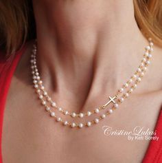 Cultured Pearl Necklace with Sideways Cross - Double String Beaded Pearl Necklace in Sterling Silver Beaded Pearl Necklace, Cross Necklace Sideways, Cultured Pearl Bracelet, Natural Pearl Necklace, Gold Cross Necklace, Cultured Pearl Necklace, Freshwater Pearl Bracelet, Pompano Beach, Cross Bracelet