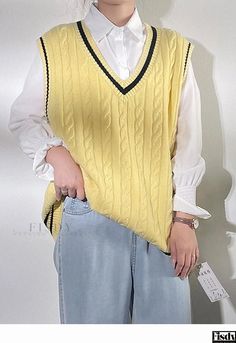 Fisdy - Academy Leader Knitted Sleeveless Vest, Loose-Fitting and Wide, with Twisted Knit Design, Perfect for Layering Sleeveless Knitted Vest, Cable Knit Vest, Yellow Vest, Oversized Vest, Sleeveless Sweater Vest, Preppy Clothes, Sweater Layering, Knitted Vest, Yellow Knit