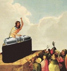 an image of a party hard poster with people in the background and one man on top of a suitcase