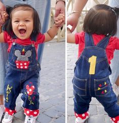 "Whats as cute as a toddler in overalls! These are adorable Mickey overalls and can be custom made for ages up to 5 years old. A Mickey Mouse cupcake is machine appliqued on the front, your child's name up one leg and Mickey balloon and confetti on the other leg. On the back is the number you request and circle of Mickey mouse heads on the pocket. The cuff is red polka dots. I have sizes from 6 months to 5T. The red shirt is not included but can be purchased if requested. There is a Mickey Mouse Toddlers In Overalls, Birthday Overalls, Painted Overalls, Mickey Mouse Cupcake, Mickey Mouse Overalls, How To Patch Jeans, Mickey Mouse Crafts, Mickey Mouse Cupcakes, Mickey Mouse Clubhouse Birthday Party