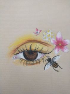 a drawing of an eye with flowers and a bee