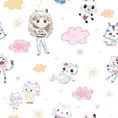 the girl is standing in front of many cartoon cats and kittens on a white background