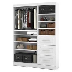 an open white closet with drawers and baskets