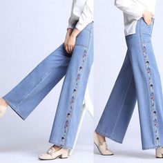 Women Wide Leg Jeans, Plazo Pant, Types Of Jeans, Trendy Fits, Button Holes, Jeans Fabric, Jeans Button, Embroidered Denim, Denim Trousers