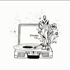 a drawing of a turntable with flowers on it and a laptop in the background