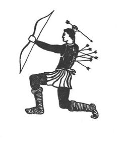 an ancient drawing of a man with a bow and arrow in his hand, holding flowers