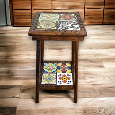 Handmade Mexican Accent End Table | Talavera Tiles, Wood Side Table Side Tables Wooden, Tile Furniture, Talavera Tile, Tile Wood, Wood Side Table, Talavera Tiles, Vibrant Patterns, Handcrafted Art, Cozy Reading Nook