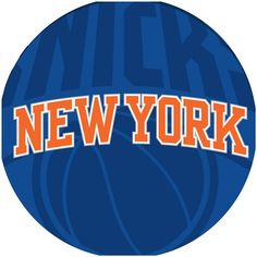 the new york basketball team logo on a blue ball with an orange and white stripe