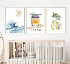 three prints on the wall of a baby's room with a crib and teddy bear