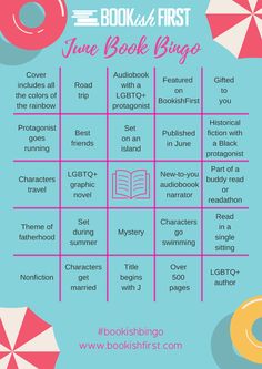 the book first june book bingo is shown in pink, blue and white with an image of