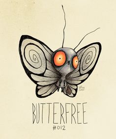 a drawing of a butterfly with orange eyes and the words butterfree on it's wings