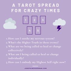 a purple poster with the words tarot spread for crazy times on it and an image of