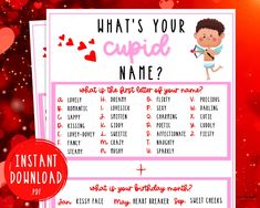 a valentine's day cupid game with hearts on it and the text, what's your cupid name?